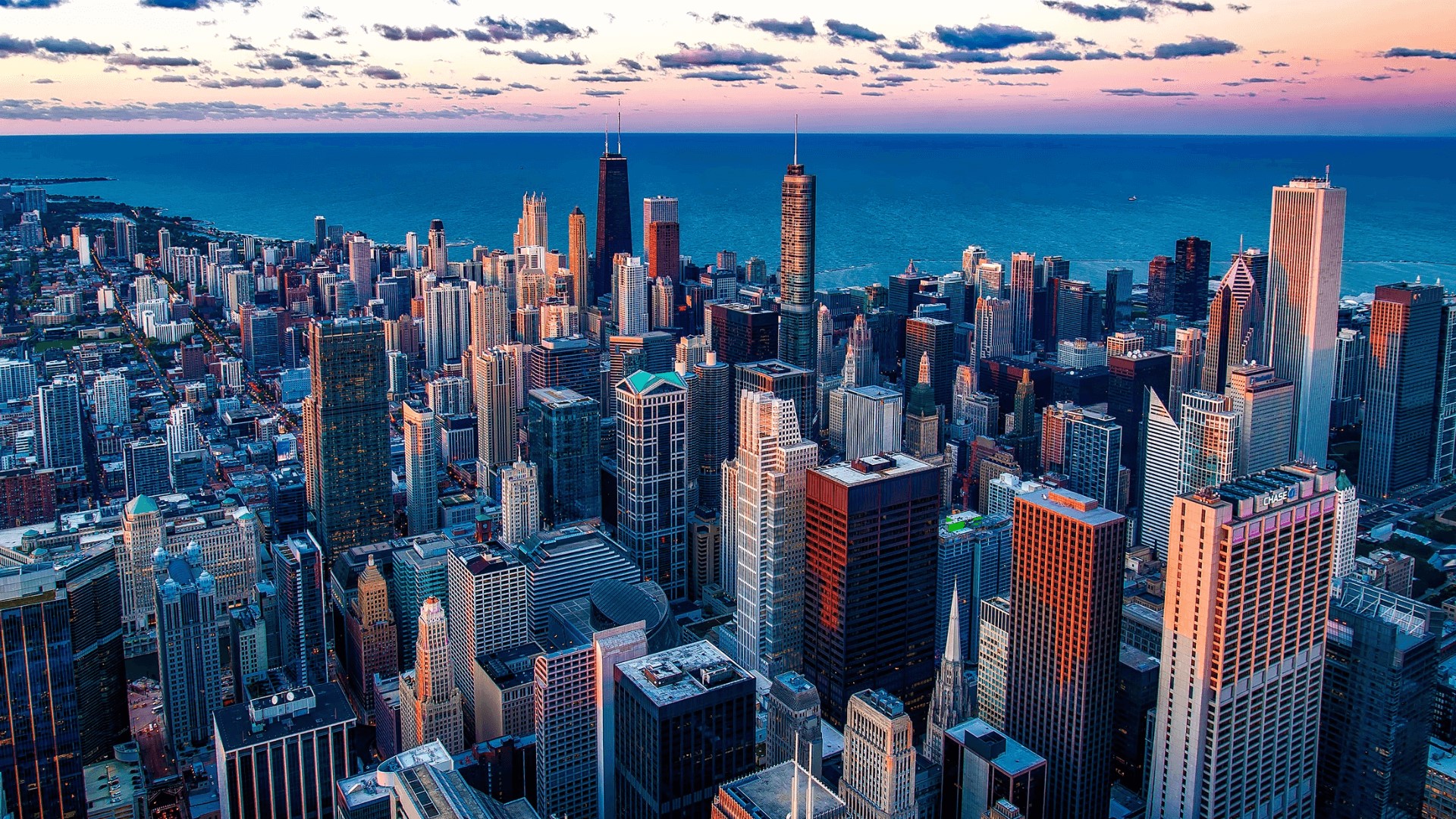 Stunning aerial view of downtown Chicago, showcasing its iconic skyline.