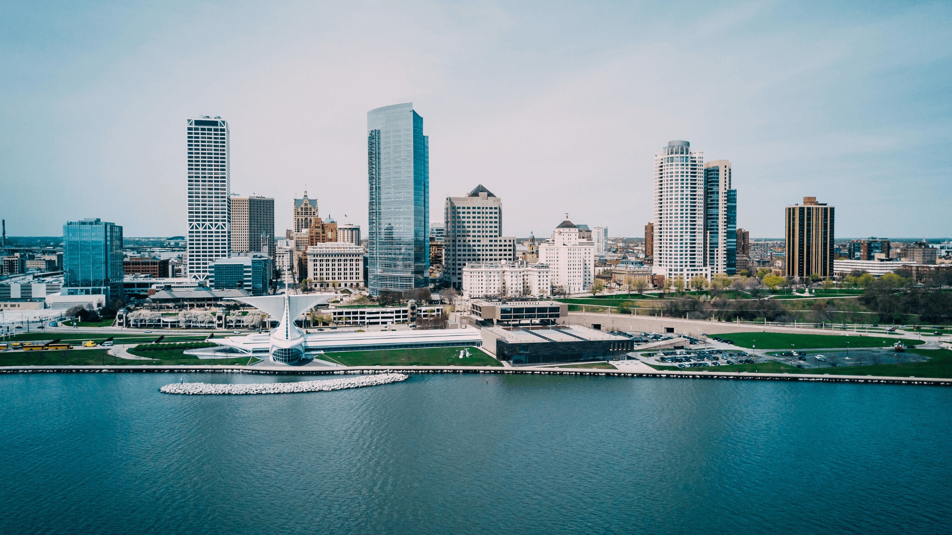 an aerial view of the city of Milwaukee, wi