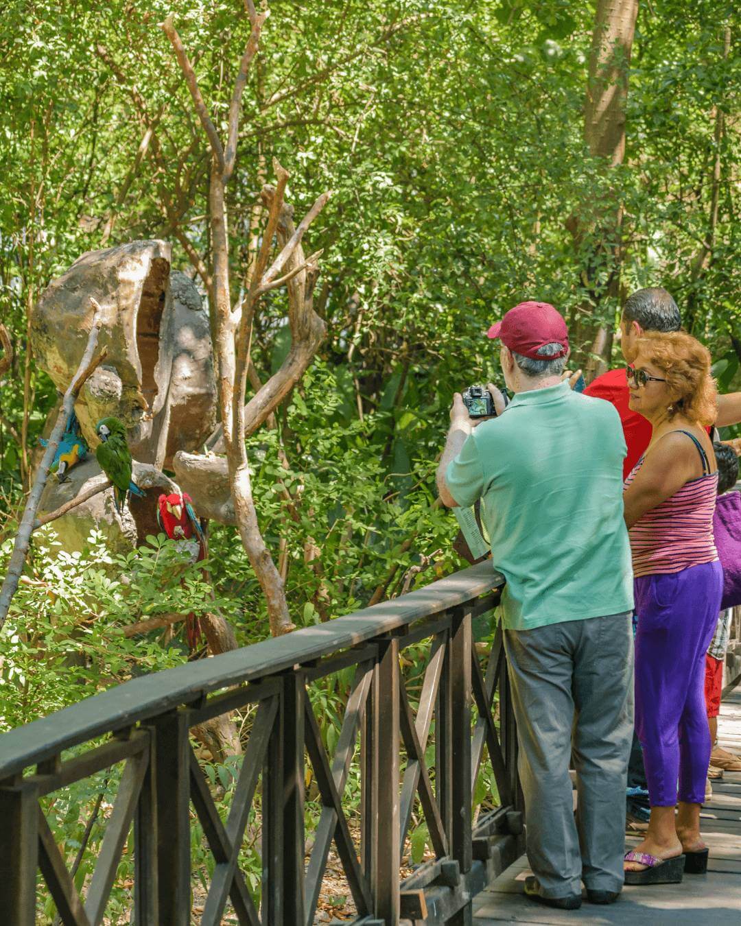 a group of people standing on a bridge looking at a sculpture
